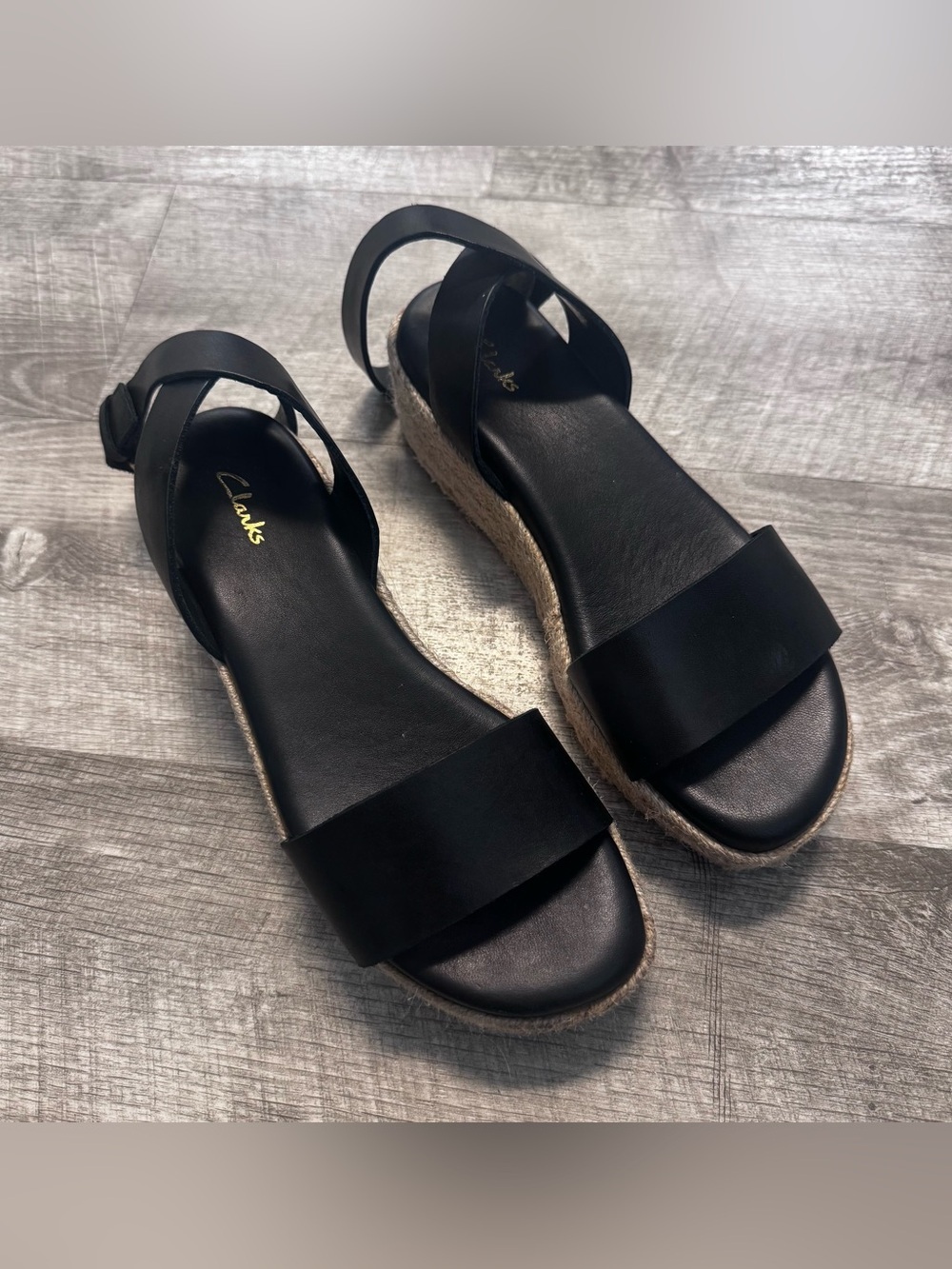 Clarks Kimmei Ivy Wedge Black Leather Espadrilles Sandal Womens Sz. 6